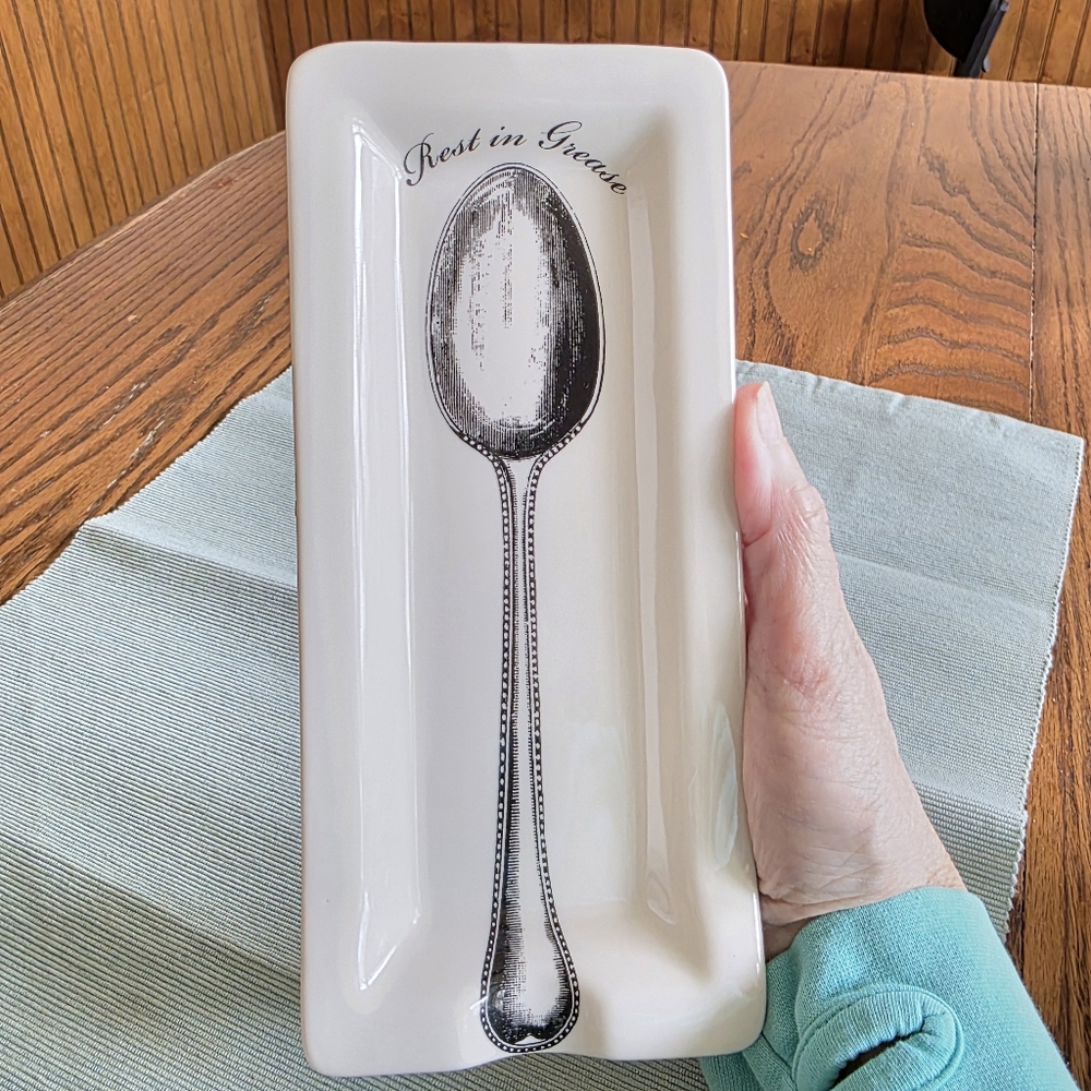 Fishs Eddy "Rest In Grease" Ceramic Spoon Rest